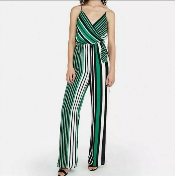 Express Sleeveless V Neck Multi Color Vertical Stripe Bow Tie Boho Jumpsuit - Picture 2 of 11